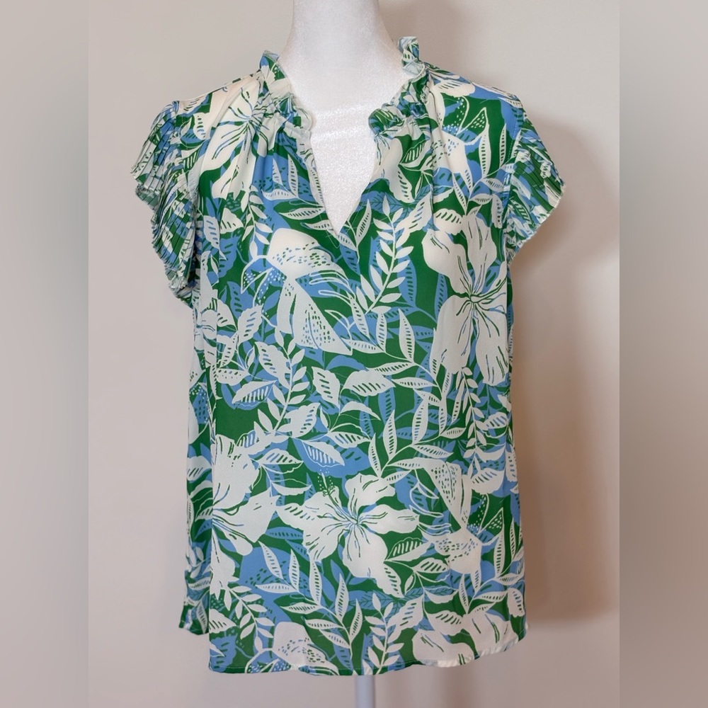 Green Floral Ruffle-Sleeve Blouse